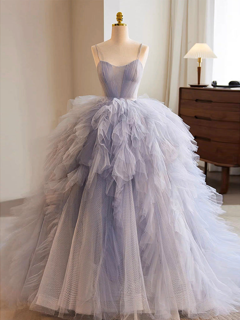Quinceanera Dress Blue Tulle Long Prom Gown Blue Tulle Long Sweet Dress