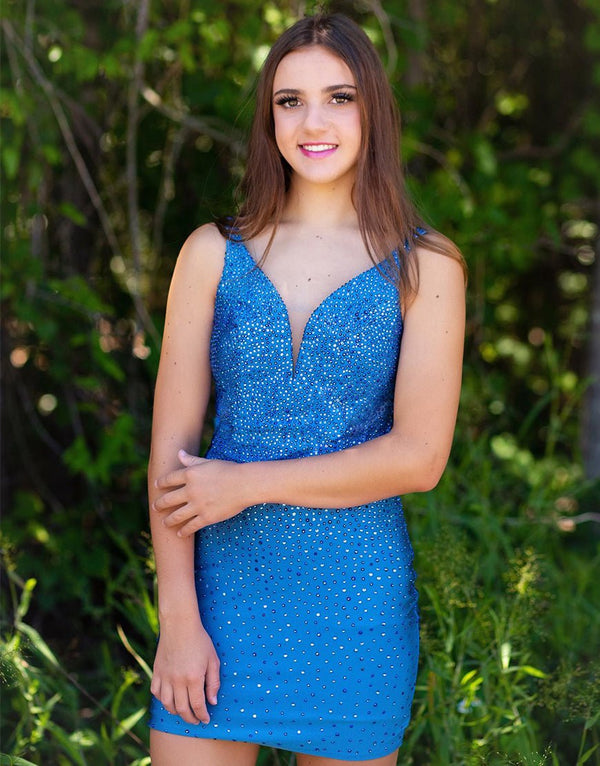 Sheath Blue Beaded Satin Plunging Short Homecoming Dress - KissProm