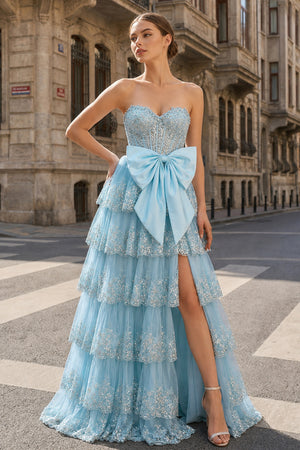 A-Line Sweetheart Sequin Ruffles Long Prom Dresses with Bow - KissProm