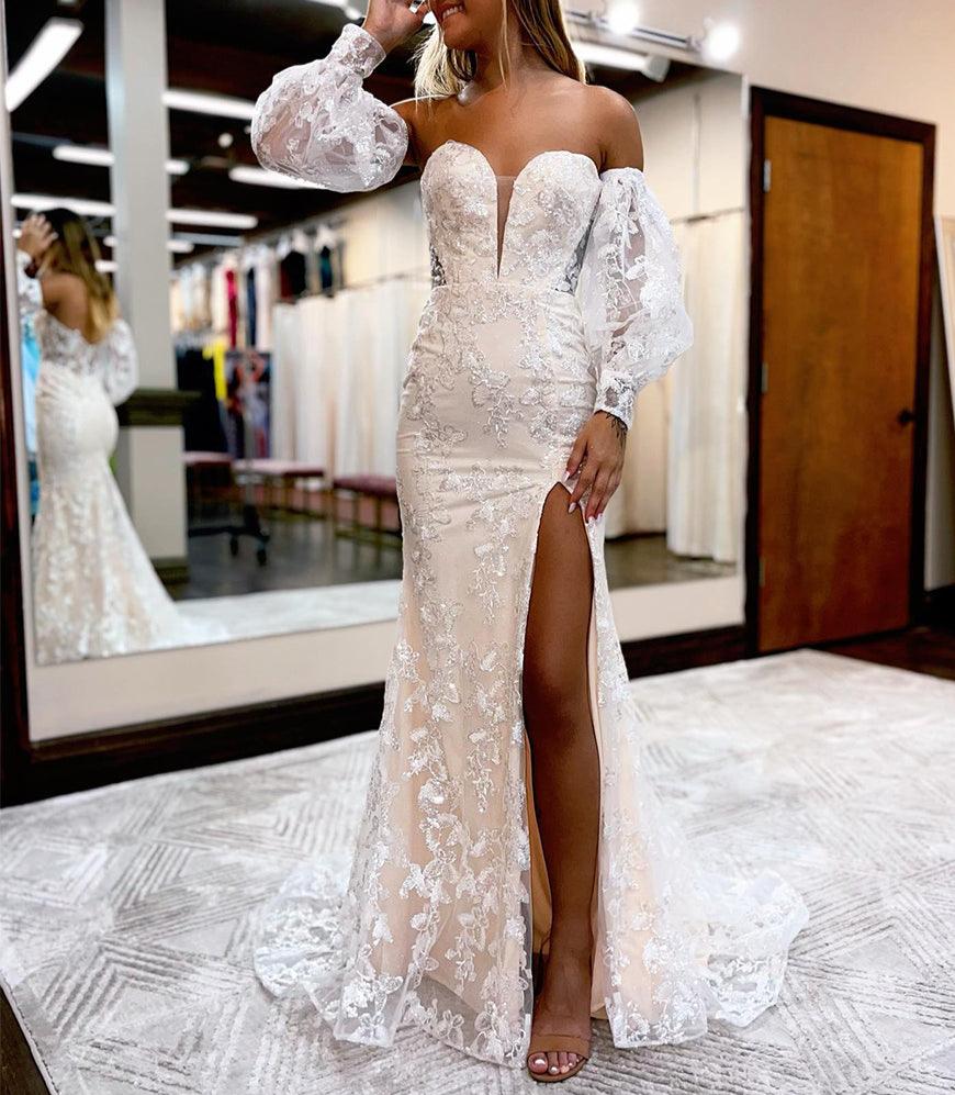 Mermaid Sweetheart Lace Prom Dress with Detachable Sleeves, Champagne / 10 Mermaid Sweetheart Lace Prom Dress with Detachable Sleeves, Champagne / 10