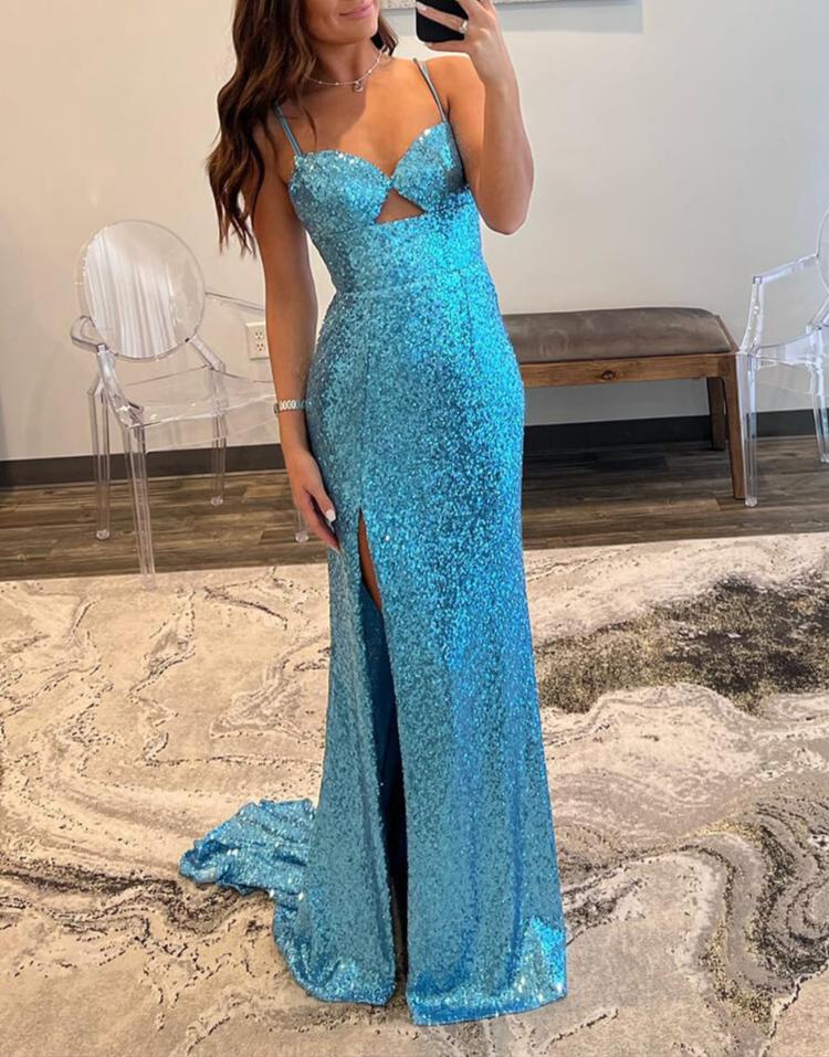 Araceli Blue Sheath Spaghetti Strap Sequin Prom Dress with Slit Blue / 18