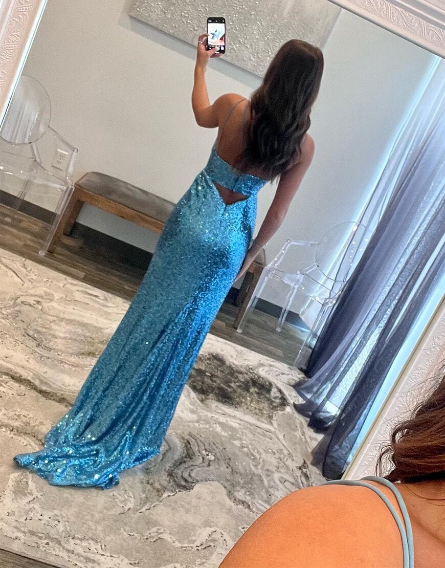Araceli Blue Sheath Spaghetti Strap Sequin Prom Dress with Slit Blue / 18 Araceli Blue Sheath Spaghetti Strap Sequin Prom Dress with Slit Blue / 18