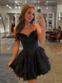 Olyssia | Black - A-Line Sweetheart Corset Ruffle Homecoming Dress With Applique
