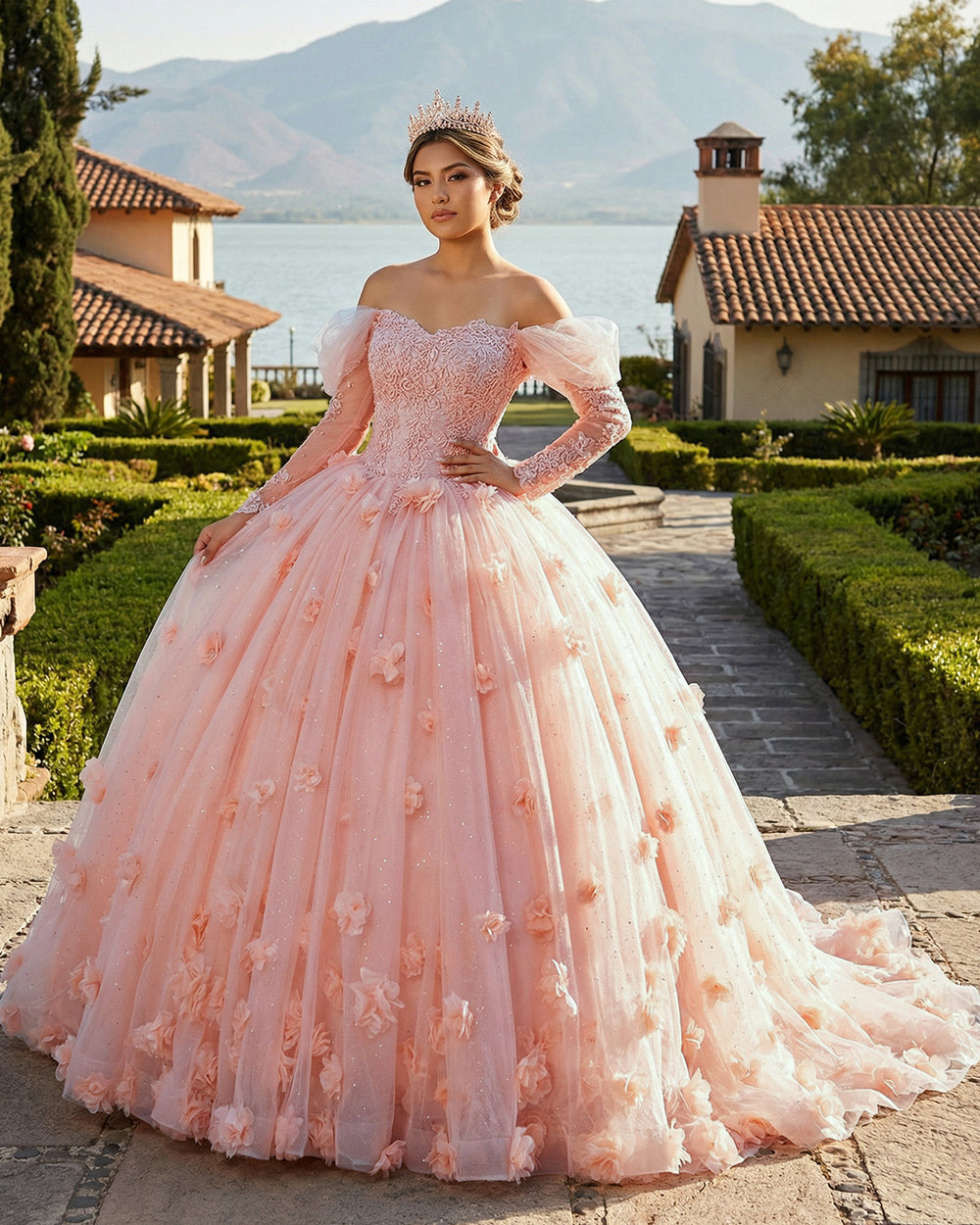KissProm- Blush Pink Ball Gown Long Sleeves Off The Shoulder Quinceanera Dresses