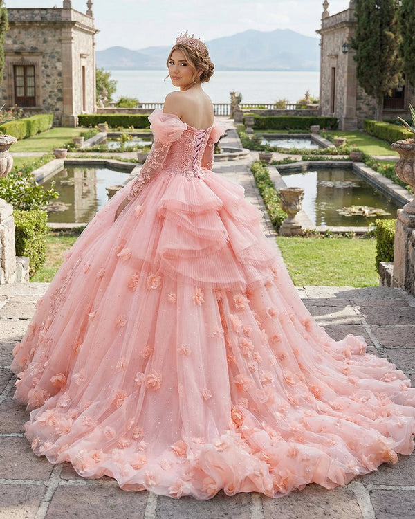 KissProm- Blush Pink Ball Gown Long Sleeves Off The Shoulder Quinceanera Dresses