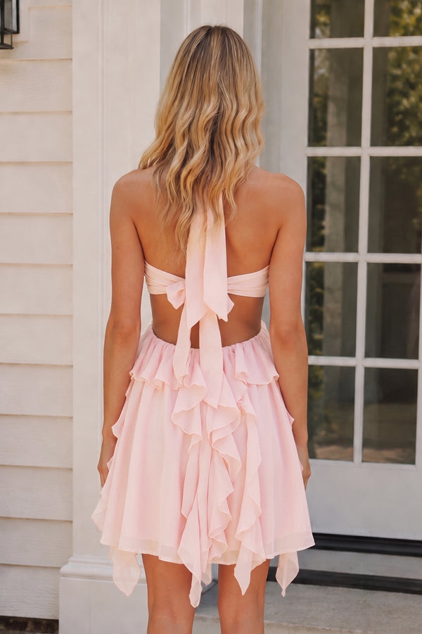 Blush Halter Ruffled A-Line Cut-Out Chiffon Homecoming Dress with 3D Flower | KISSPROM