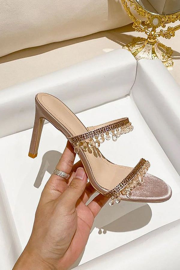 Blush High Stiletto Open Toe Two Strap High Heeled Sandal with Beading - KissProm