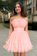 Blue A-Line Strapless Ruffled Short Homecoming Dress - KissProm