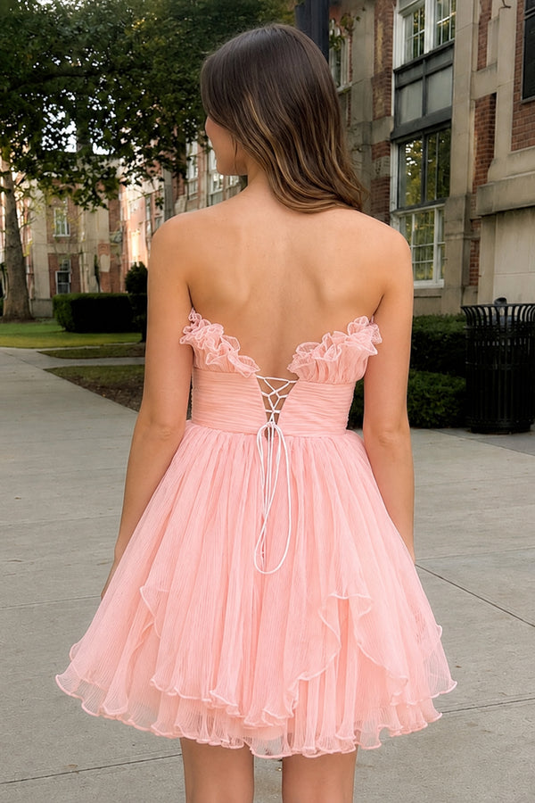 Blue A-Line Strapless Ruffled Short Homecoming Dress - KissProm
