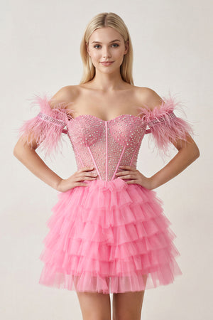 Blush Pink A Line Off the Shoulder Beaded Homecoming Dress with Feathers - KISSPROM
