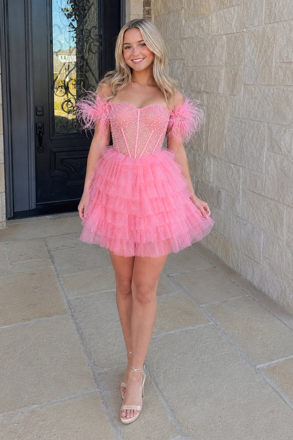 Blush Pink A Line Off the Shoulder Beaded Homecoming Dress with Feathers - KISSPROM