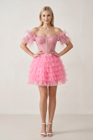 Blush Pink A Line Off the Shoulder Beaded Homecoming Dress with Feathers - KISSPROM