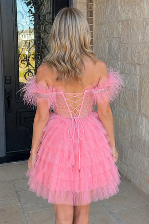 Blush Pink A Line Off the Shoulder Beaded Homecoming Dress with Feathers - KISSPROM
