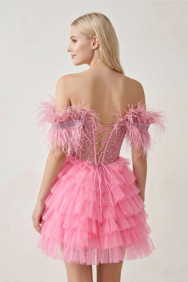 Blush Pink A Line Off the Shoulder Beaded Homecoming Dress with Feathers - KISSPROM