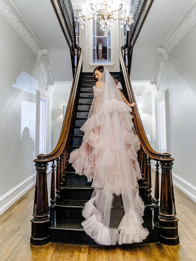 Blush Pink Pleated Cathedral Veils with Blusher