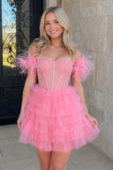Blush Pink A Line Off the Shoulder Homecoming Dress with Beading-KISSPROM