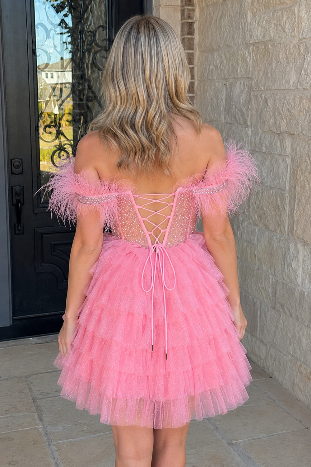 Black A Line Off the Shoulder Beaded Homecoming Dress with Feathers - KISSPROM