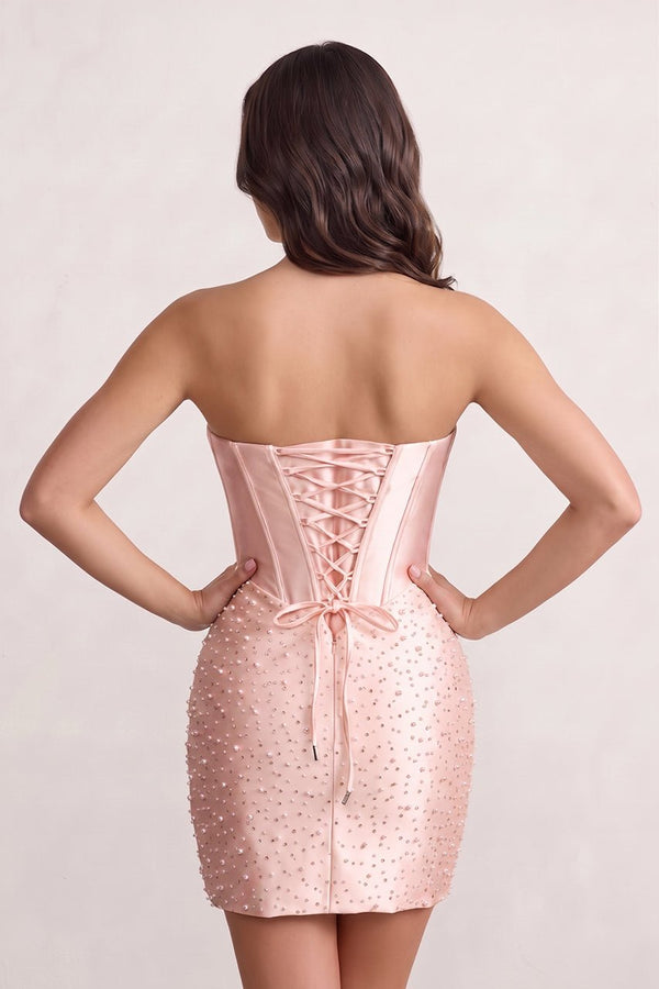 Blush Pink Sweetheart Sheath Satin Corset Mini Party Dress With Pearl (2) | KISSPROM