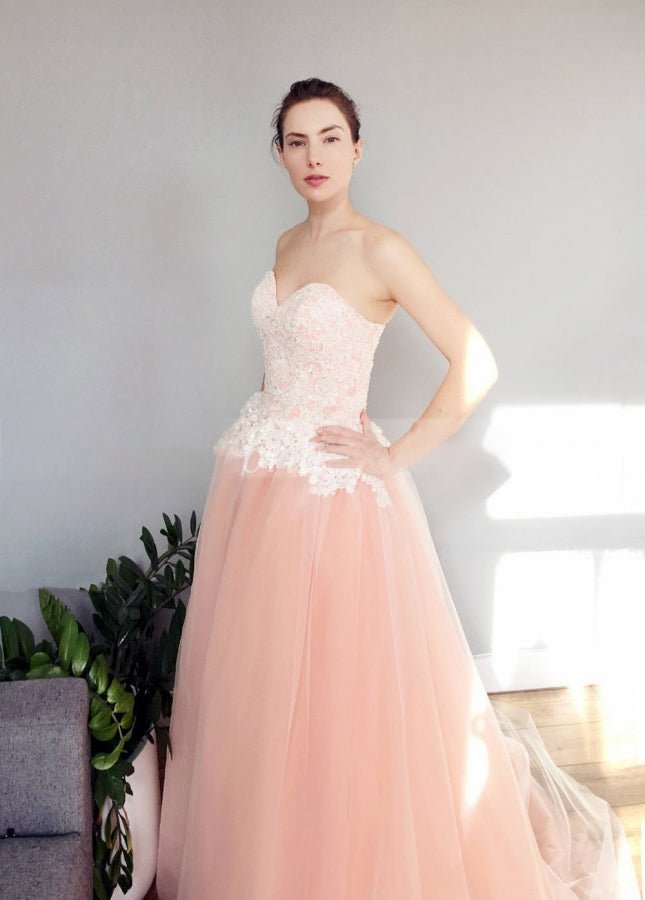 Blush Pink Sweetheart A-Line Tulle Skirt Appliques Wedding Dresses Pink / 12
