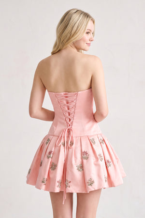 Blush Strapless A-Line Ruched Satin Appliqued Homecoming Dress (2) | KISSPROM