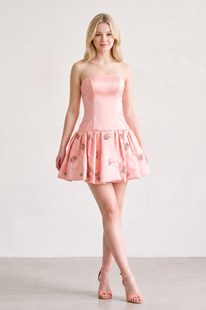 Blush Strapless A-Line Ruched Satin Appliqued Homecoming Dress (3) | KISSPROM