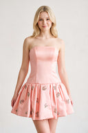 Blush Strapless A-Line Ruched Satin Appliqued Homecoming Dress | KISSPROM