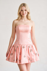 Blush Strapless A-Line Ruched Satin Appliqued Homecoming Dress | KISSPROM