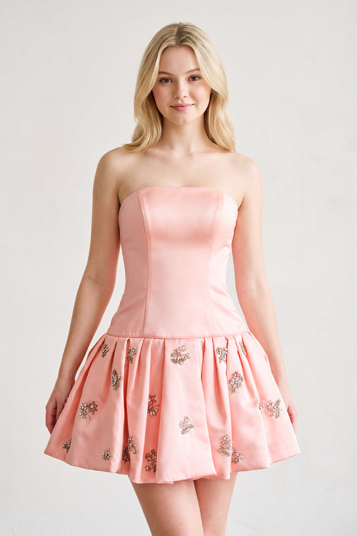 Blush Strapless A-Line Ruched Satin Appliqued Homecoming Dress | KISSPROM