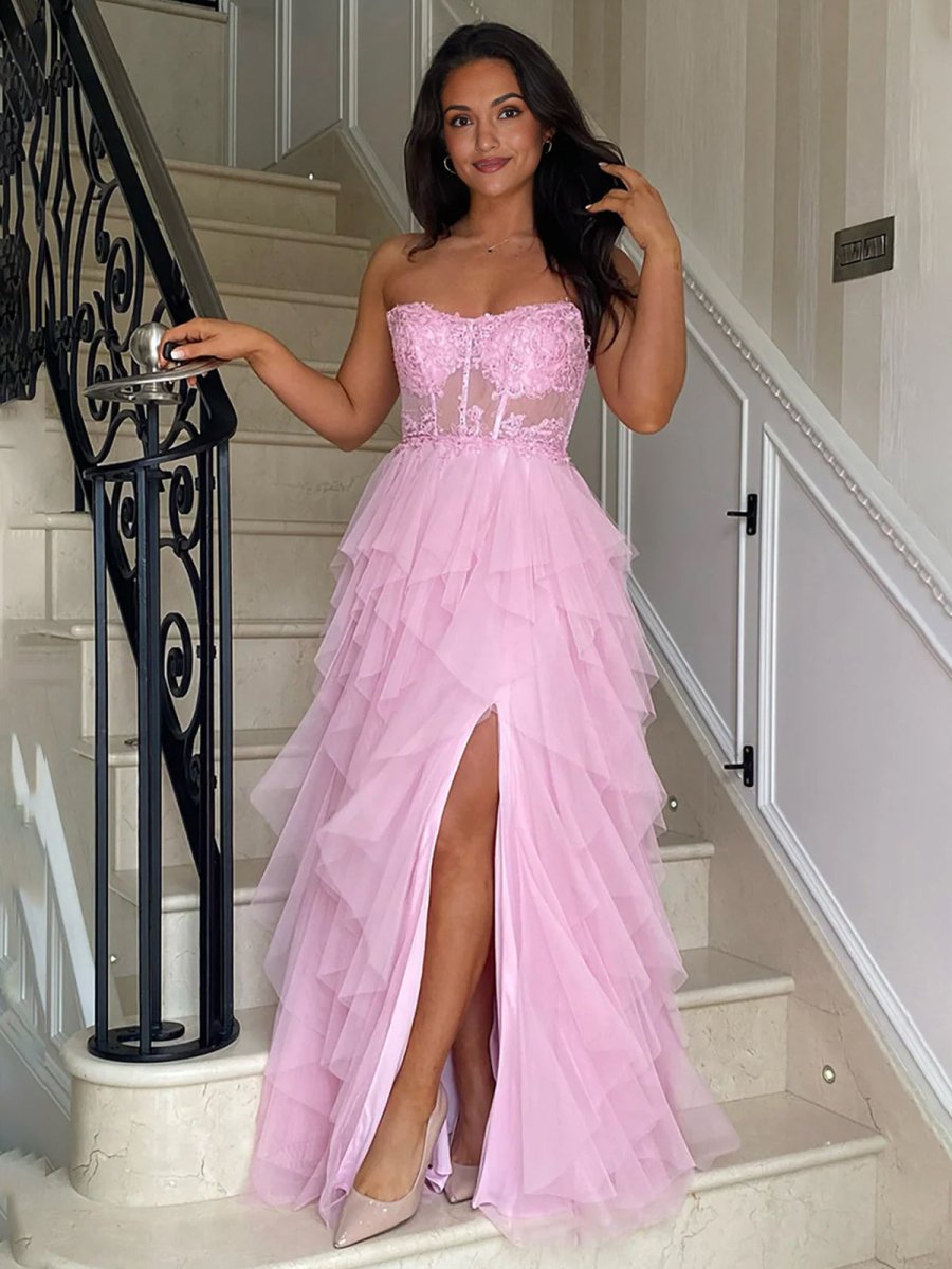 fitted lace wedding dress MissJophiel Corset Floral Embroidery Blush Pink Dress with Tie Straps Yellow Floral / Tea Length / US4 main image 0