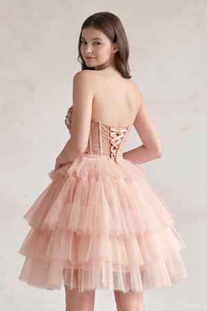 Blush Tulle 3D Floral Lace A-Line Tiered Homecoming Dress (2) | KISSPROM