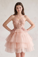 Blush Tulle 3D Floral Lace A-Line Tiered Homecoming Dress | KISSPROM