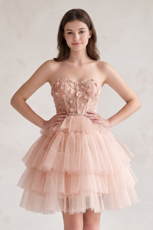 Blush Tulle 3D Floral Lace A-Line Tiered Homecoming Dress | KISSPROM