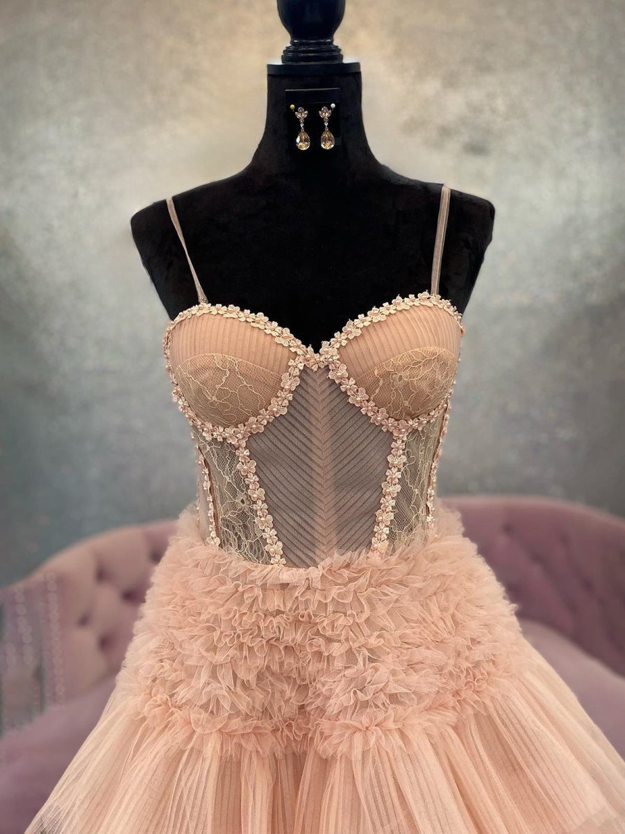 Averi | Blushing Pink Tulle Ruffle Layers Lace - Up Back A - Line Prom Dress - KissProm