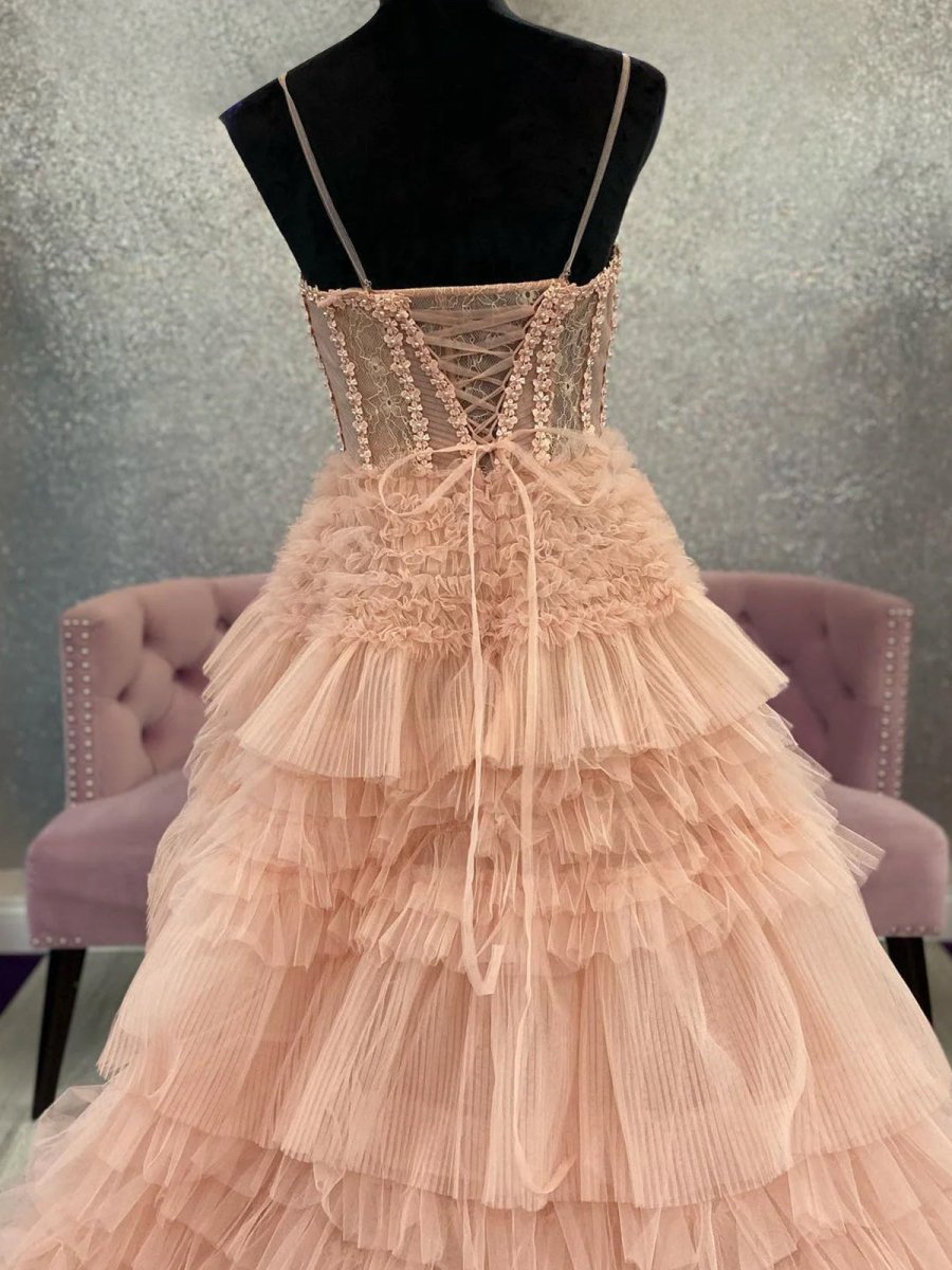 Averi | Blushing Pink Tulle Ruffle Layers Lace - Up Back A - Line Prom Dress - KissProm
