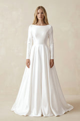 Vintage Satin A-Line Bateau Neckline Long Sleeves Bridal Gown Wedding Dresses – Wedding Dresses by KissProm | Available at KissProm