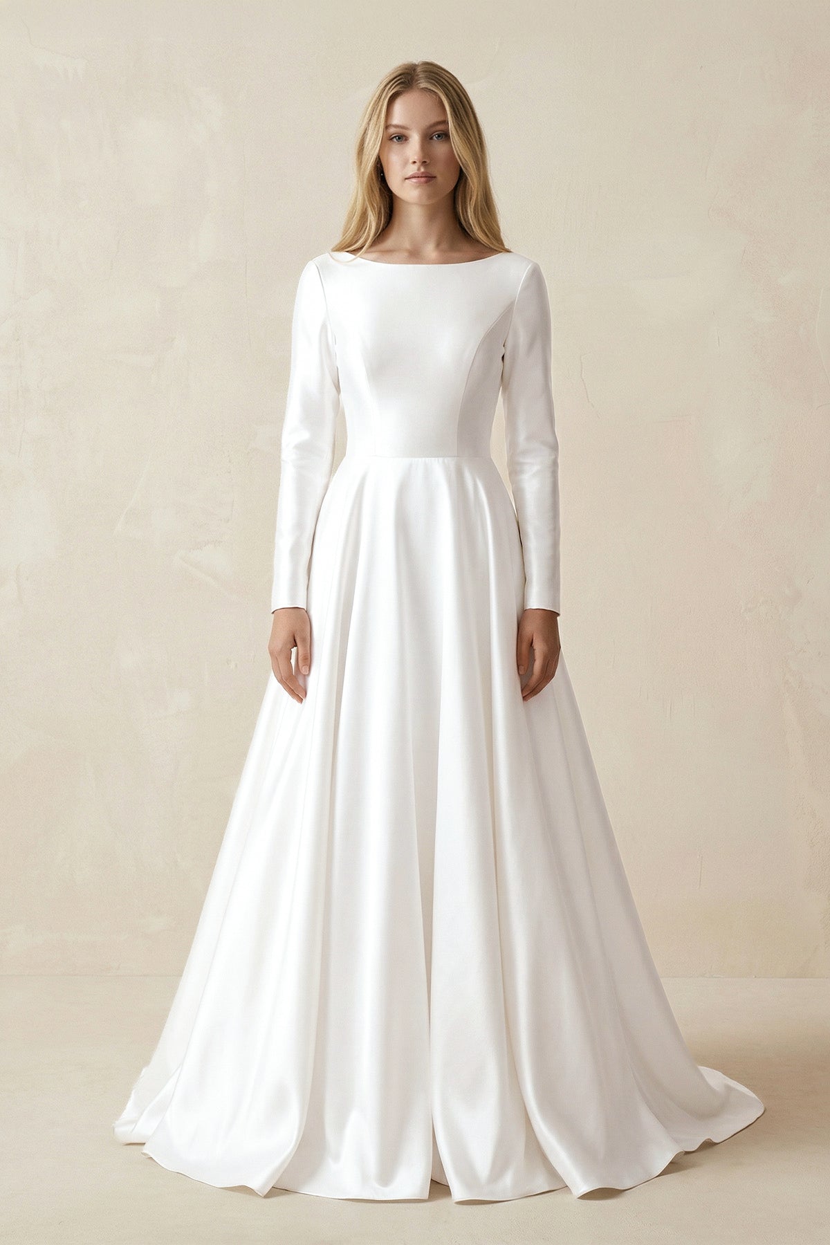 KissProm Vintage Satin A-Line Bateau Neckline Long Sleeves Bridal Gown Wedding Dresses, Diamond White / 6