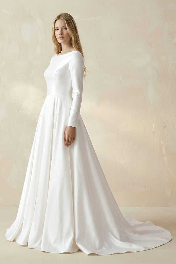 sleeve bridal dress Vintage Satin A-Line Bateau Neckline Long Sleeves Bridal Gown Wedding Dresses, Diamond White / 6