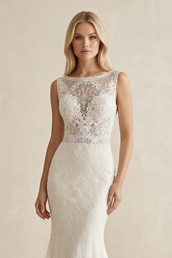 Boat Neck Lace Mermaid Maxi Wedding Dress in Ivory - KissProm Wedding Dresses