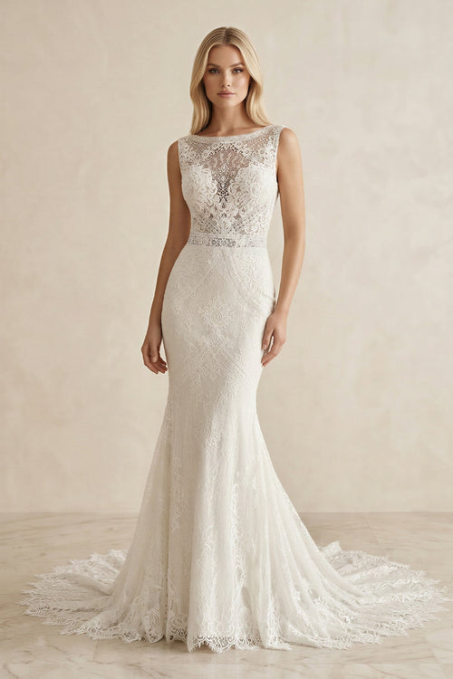 Boat Neck Lace Mermaid Maxi Wedding Dress in Ivory - KissProm Wedding Dresses