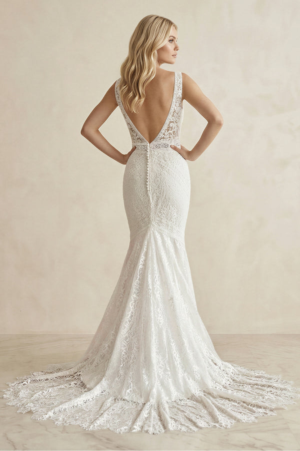 Boat Neck Lace Mermaid Maxi Wedding Dress in Ivory - KissProm Wedding Dresses