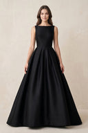 Boat Neck Satin A - Line Open Back Wedding Dress in Black - KissProm Wedding Dresses