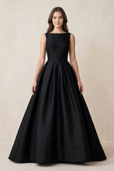 Boat Neck Satin A - Line Open Back Wedding Dress in Black - KissProm Wedding Dresses