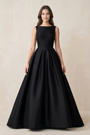 Boat Neck Satin A - Line Open Back Wedding Dress in Black - KissProm Wedding Dresses