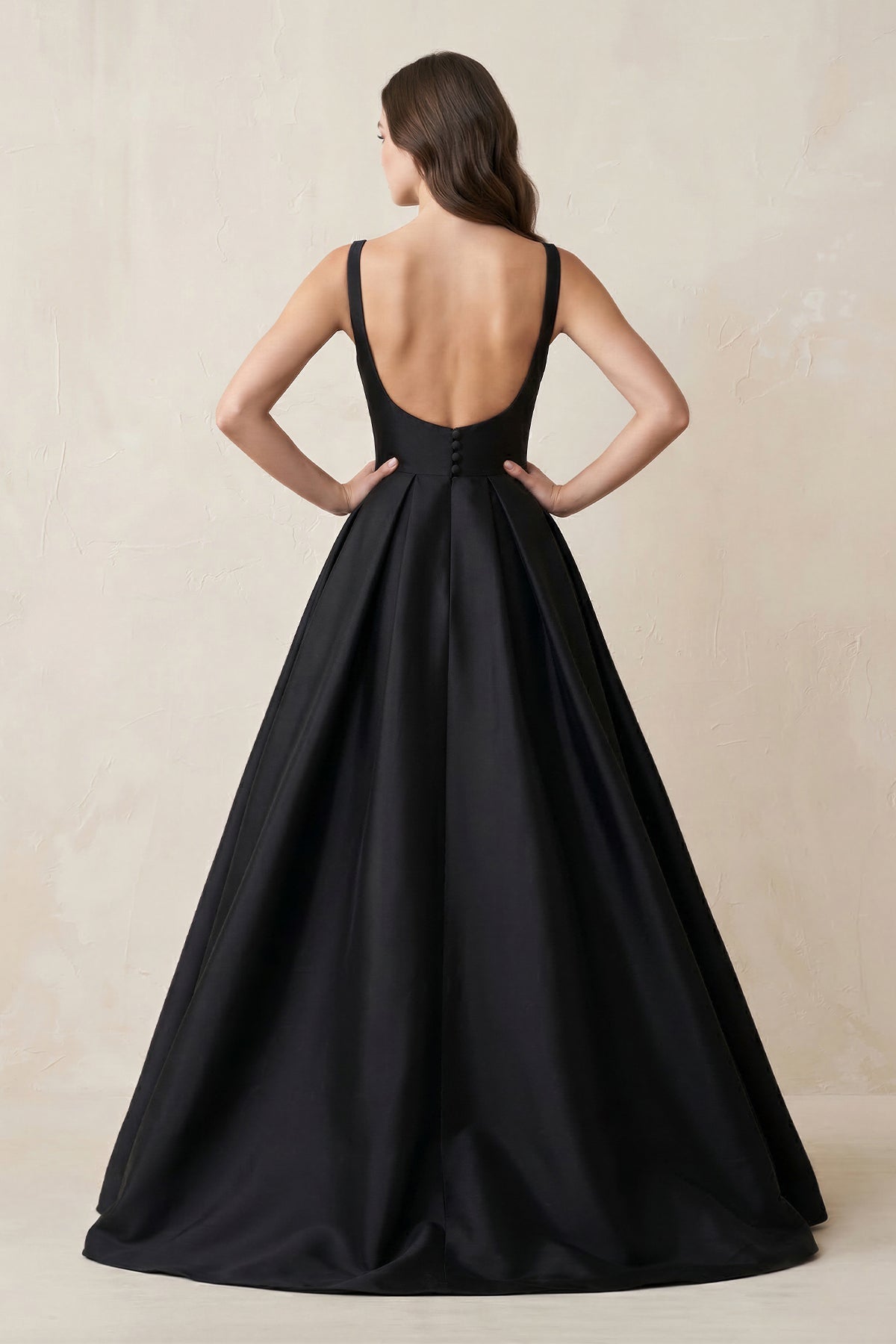 KissProm Boat Neck Satin A-Line Open Back Wedding Dress in Black, Black / 28