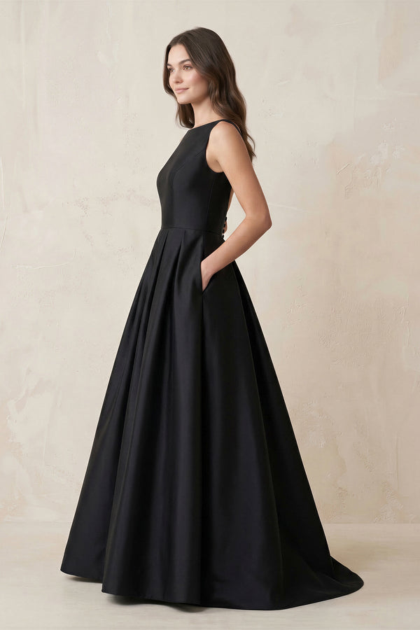 Boat Neck Satin A - Line Open Back Wedding Dress in Black - KissProm Wedding Dresses