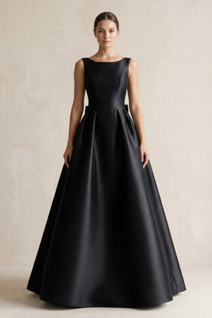 Boat Neck Satin A - Line Wedding Dress with Bow in Black - KissProm Wedding Dresses