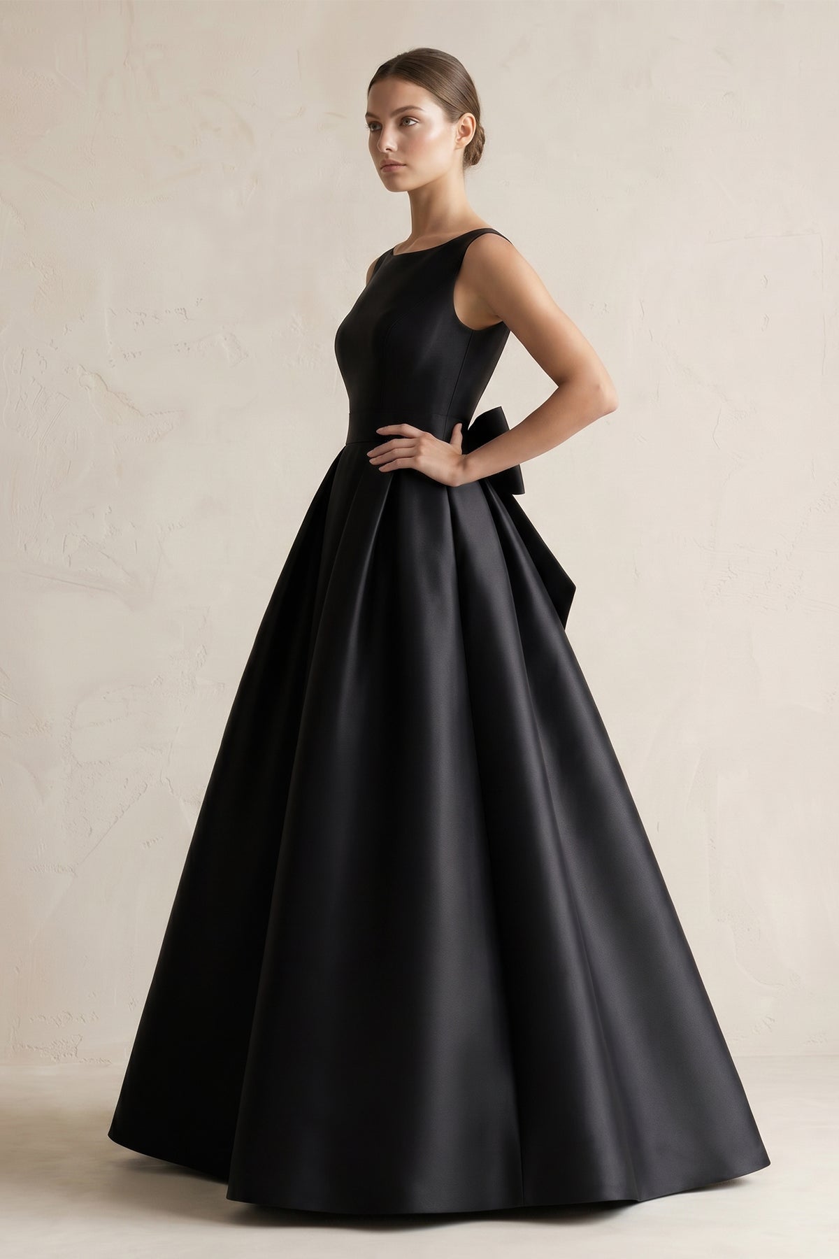 KissProm Boat Neck Satin A-Line Wedding Dress with Bow in Black, Black / 18