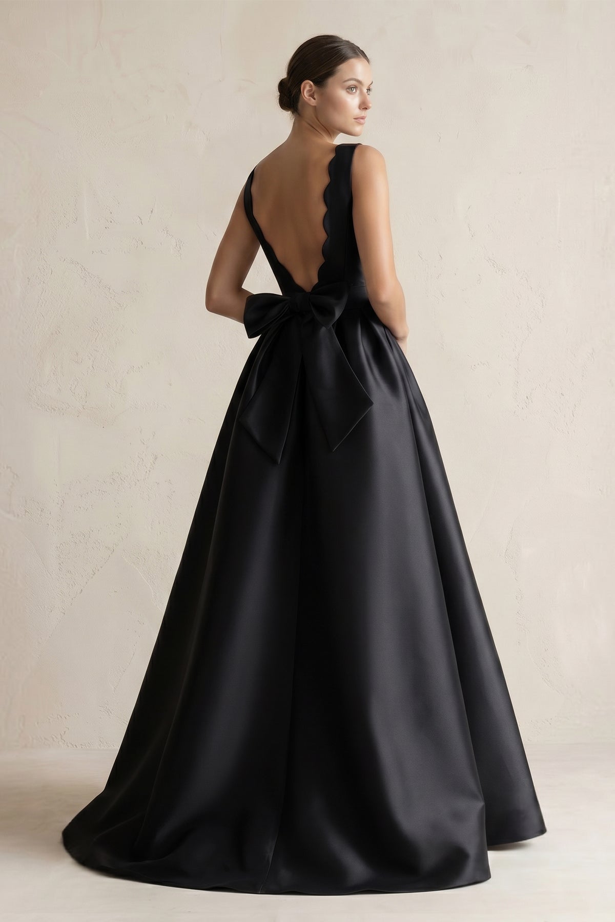 KissProm Boat Neck Satin A-Line Wedding Dress with Bow in Black, Black / 18