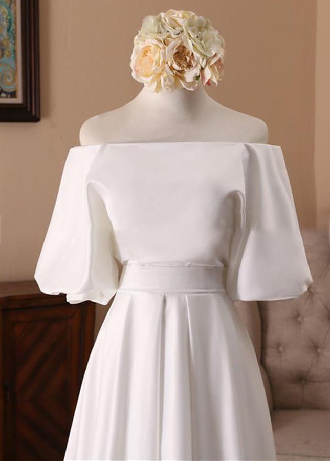 Off-the-Shoulder Simple White Satin Wedding Dress with Half Sleeves