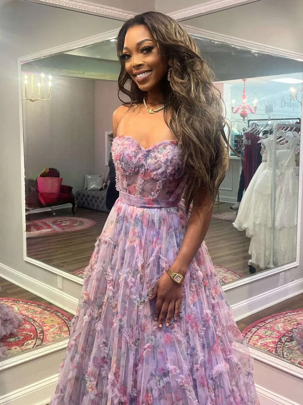 pink and purple floral dress A-Line Sweetheart Purple Floral Print Ruffle Long Prom Dress, Purple / 00